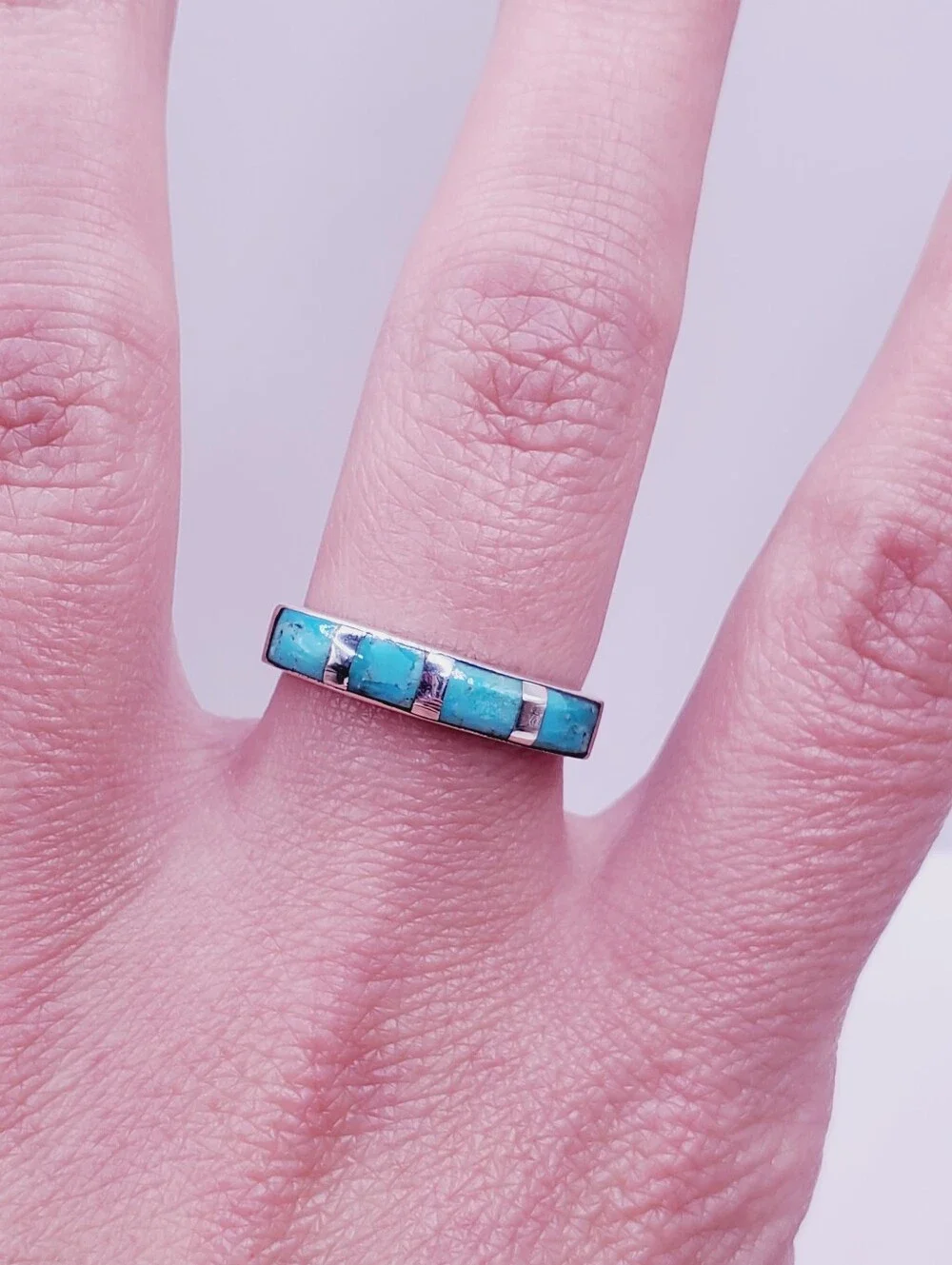 1 Carat Kingman Turquoise Inlay Bar Band Ring In 925 Sterling Silver